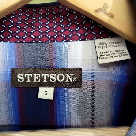 Stetson Western Shirt Ombre Plaid Blue Red Black Model 11-001-0478-1032 Men's S - Picture 7 of 14